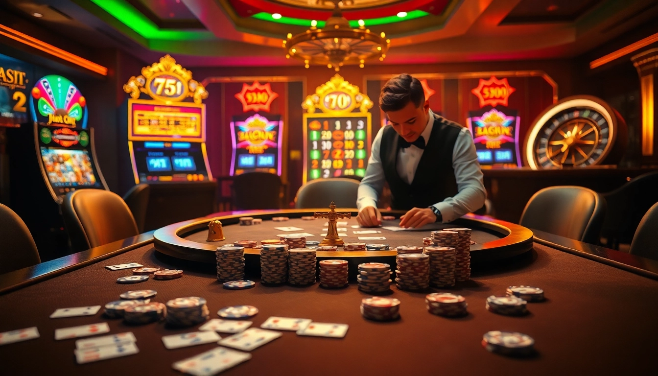 Exciting casino scene at 555win with a luxury poker table, vibrant slot machines, and a roulette wheel