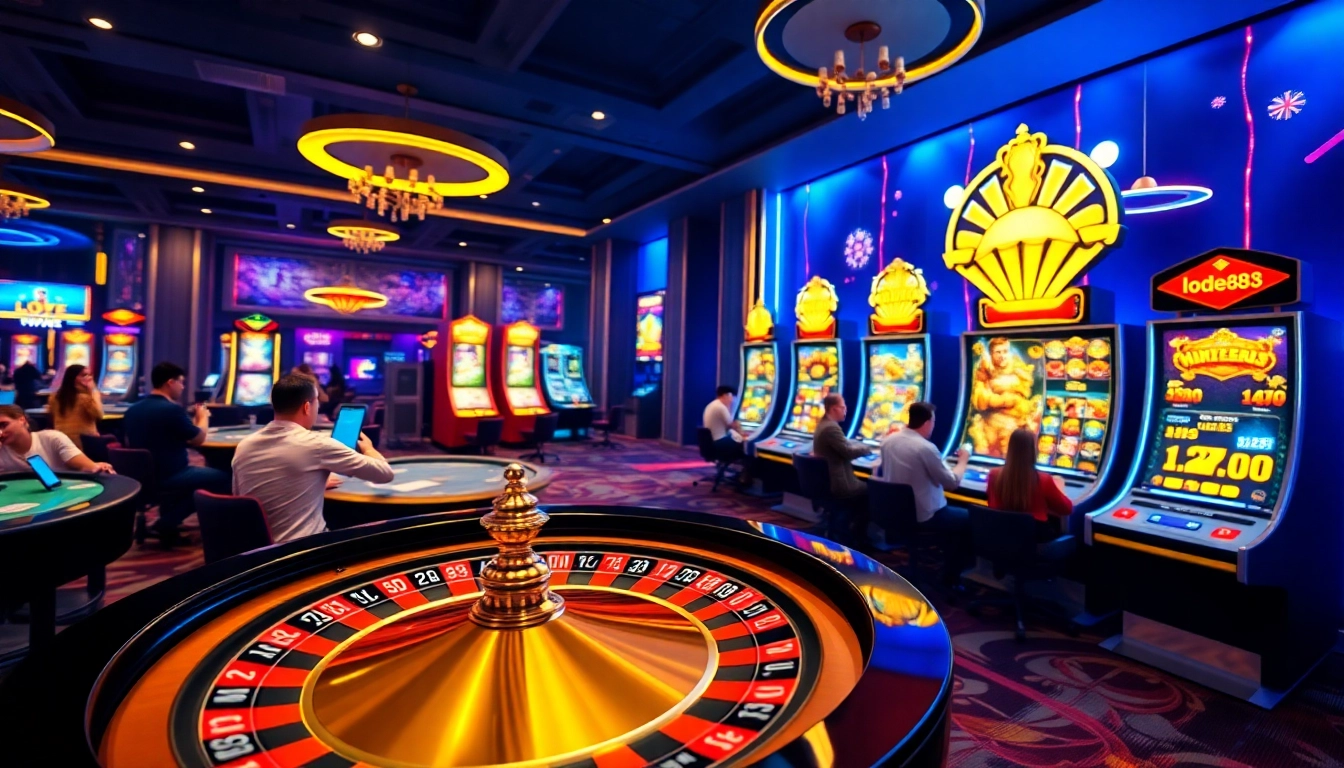 Experience the excitement of lode88 with vibrant casino elements and players enjoying online gambling.