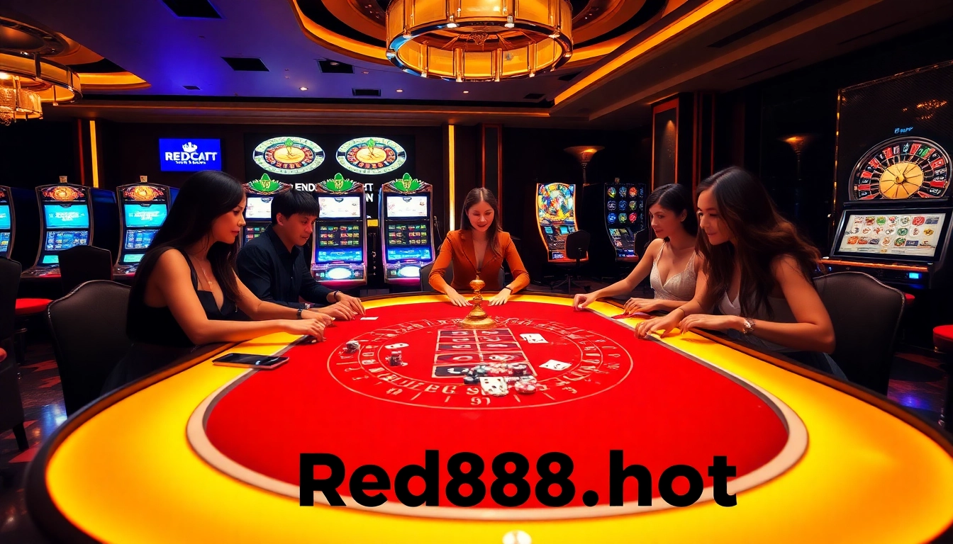 Join the excitement at https://red88.hot/ with players around a Baccarat table filled with chips and cards.