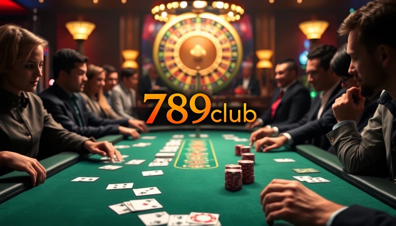 Players enjoying an exciting poker game at 789club, showcasing vibrant chips and cards.