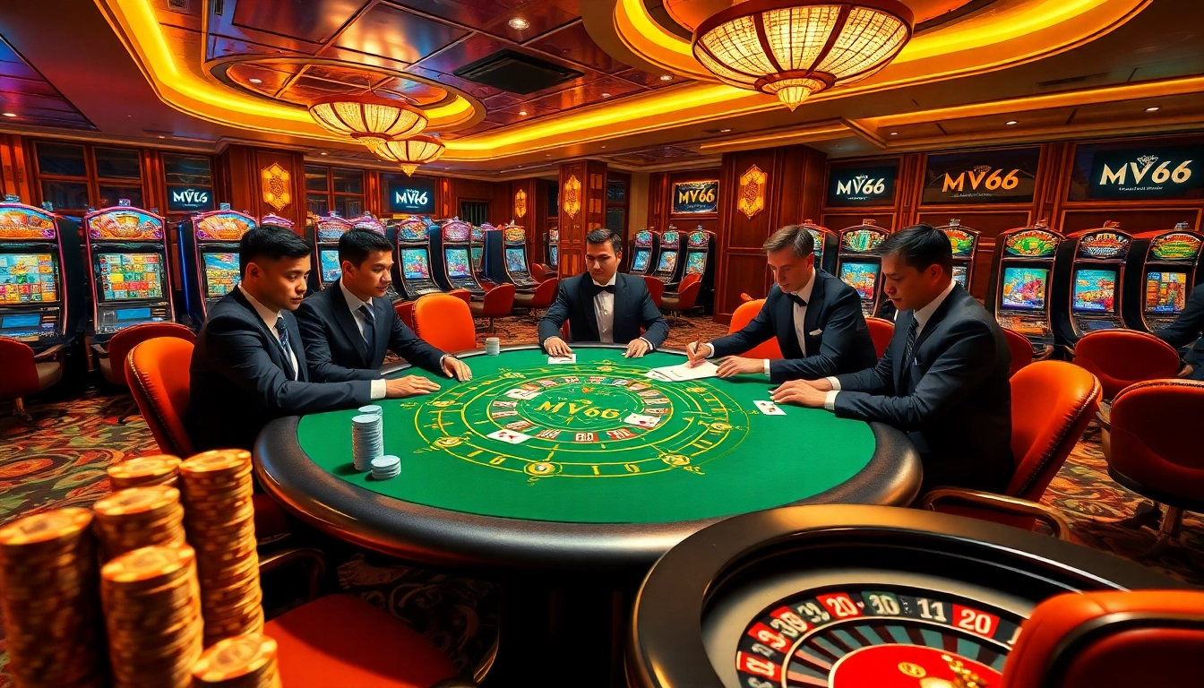 Players enjoying a thrilling poker game at the MV66 casino, surrounded by vibrant chips and cards.