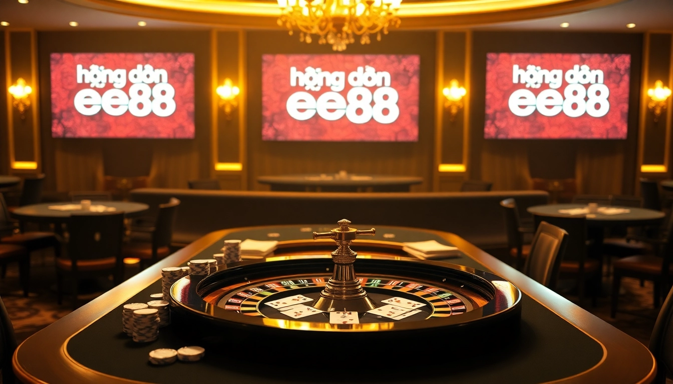 A captivating casino scene illustrating hướng dẫn ee88 with vibrant gaming elements like poker chips and a roulette wheel.