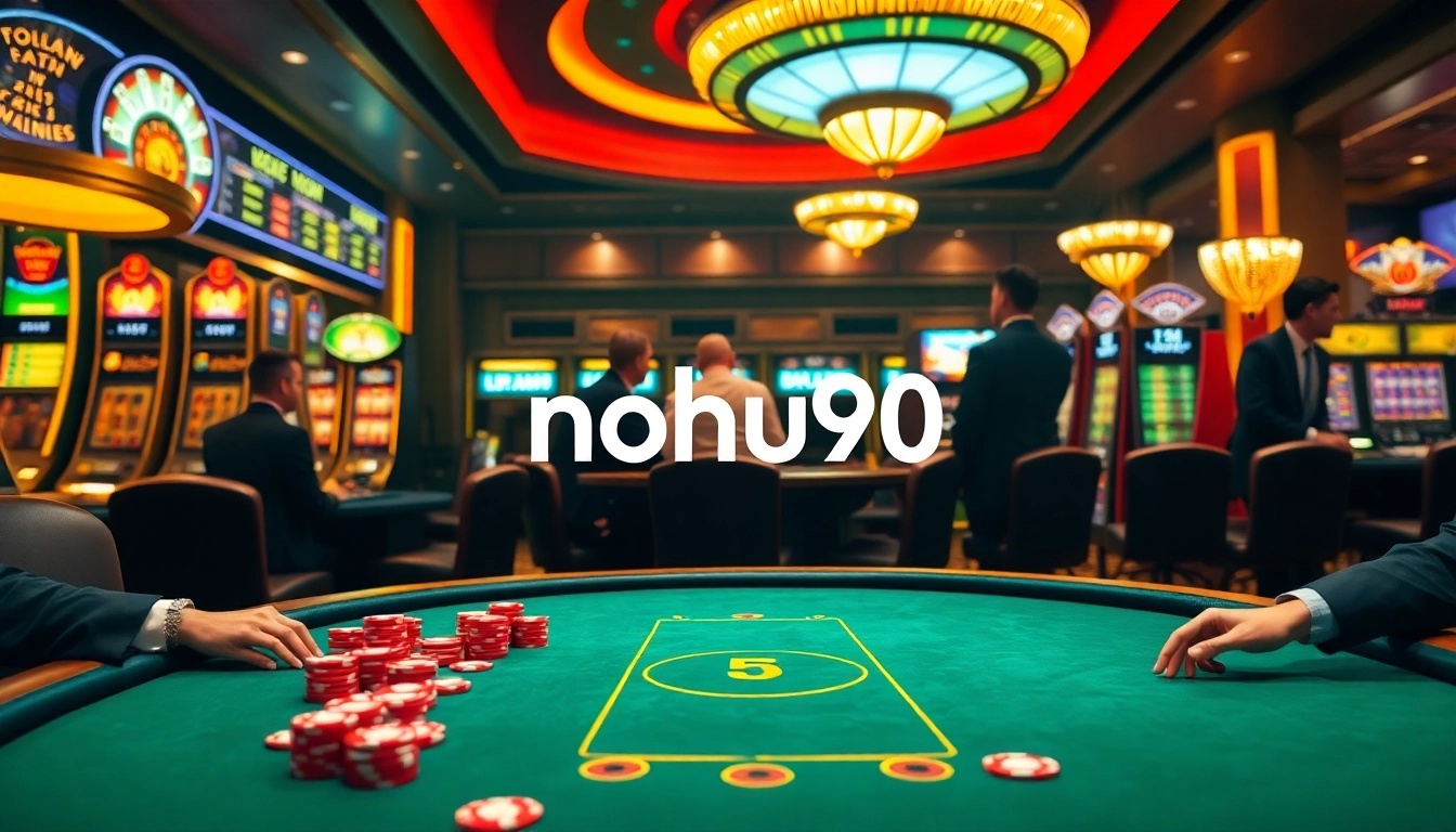 Engaged players at the NOHU90 casino table place bets, showcasing vibrant poker chips and excitement.