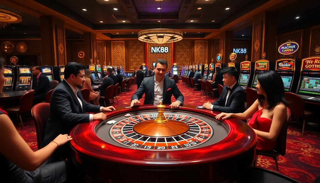 Engaging NK88 players at a luxurious casino table, filled with vibrant gambling elements.