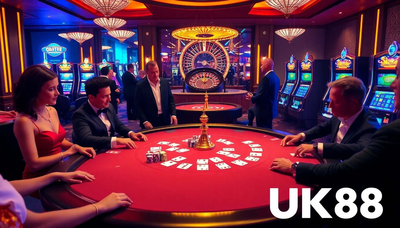 Experience high-stakes excitement at UK88's luxurious poker table with vibrant gaming action.