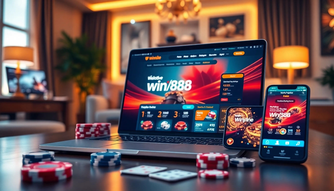 Experience the excitement of winvn88.live with a vibrant online gambling setup showcasing laptop and smartphone interfaces.