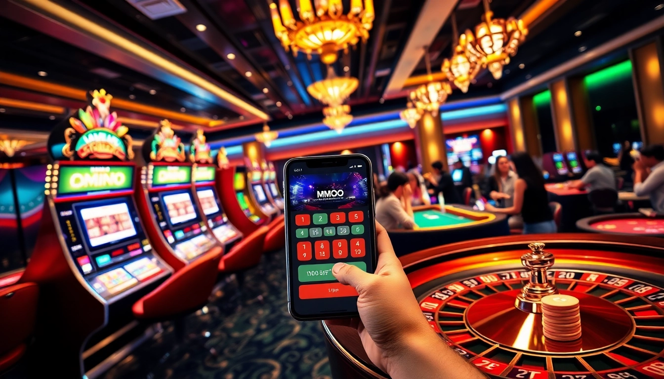 Excited gamblers enjoying the MMOO online casino experience with vibrant slot machines and poker tables.