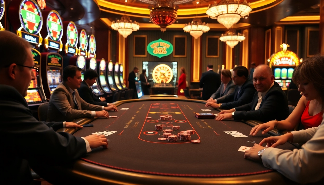 Engaged players at a luxurious b52-themed casino table with vibrant slot machines.
