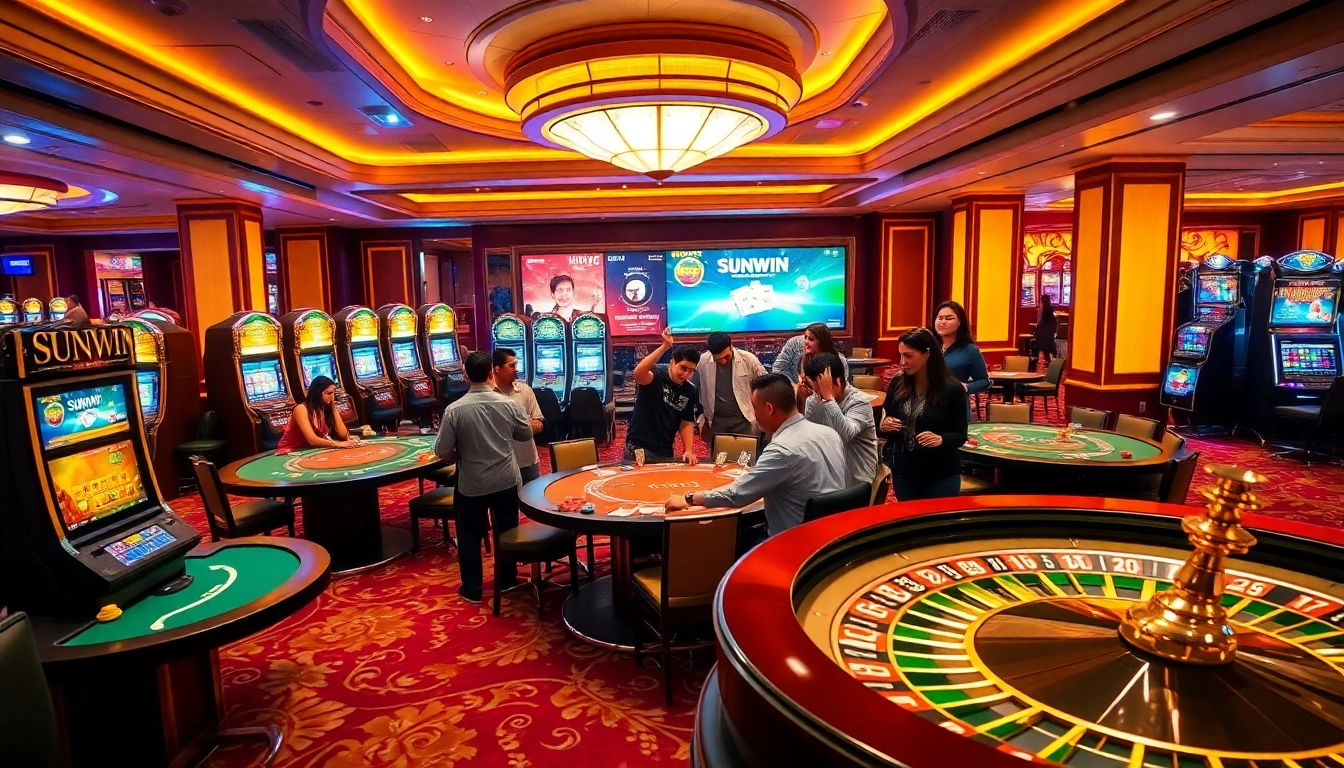 SUNWIN casino scene showcasing high-stakes poker excitement and vibrant slot machines.