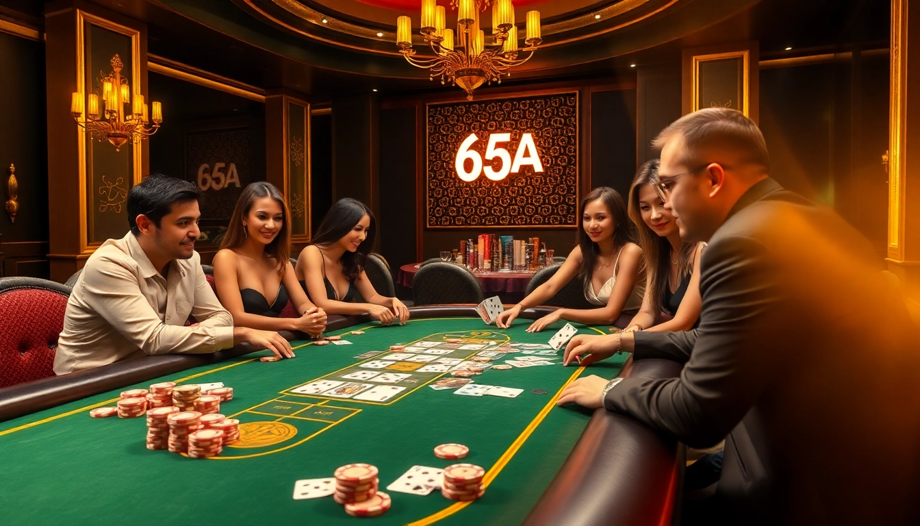 Players enjoying a competitive poker game at the casino table with 65A branding.