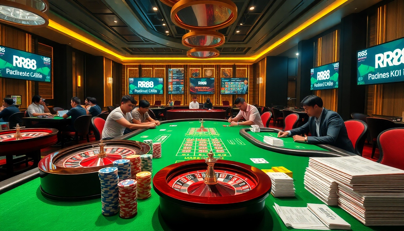 Players enjoying an exciting game at RR88 KJC casino tables filled with poker chips and betting slips.