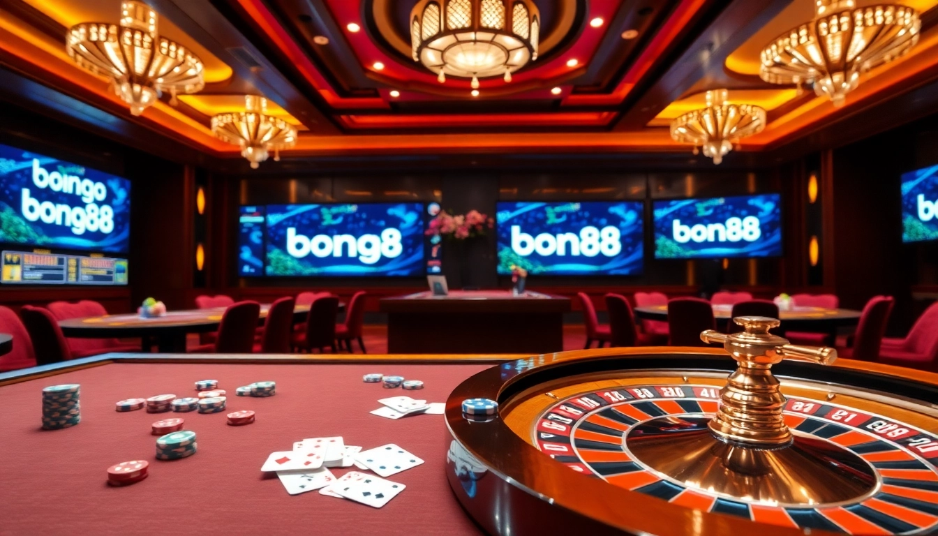 Bong88 table games with poker chips and cards, showcasing an exciting gambling atmosphere.