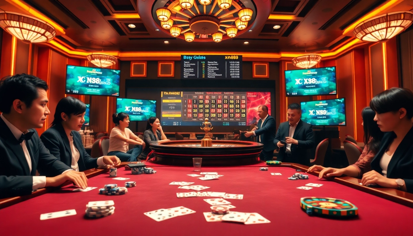 hướng dẫn xn88 as players engage with cards and chips in a vibrant casino atmosphere