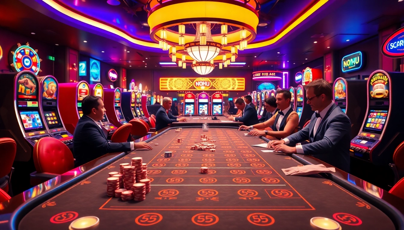 Players enjoy the thrilling nohu game at a vibrant casino table, surrounded by slot machines.