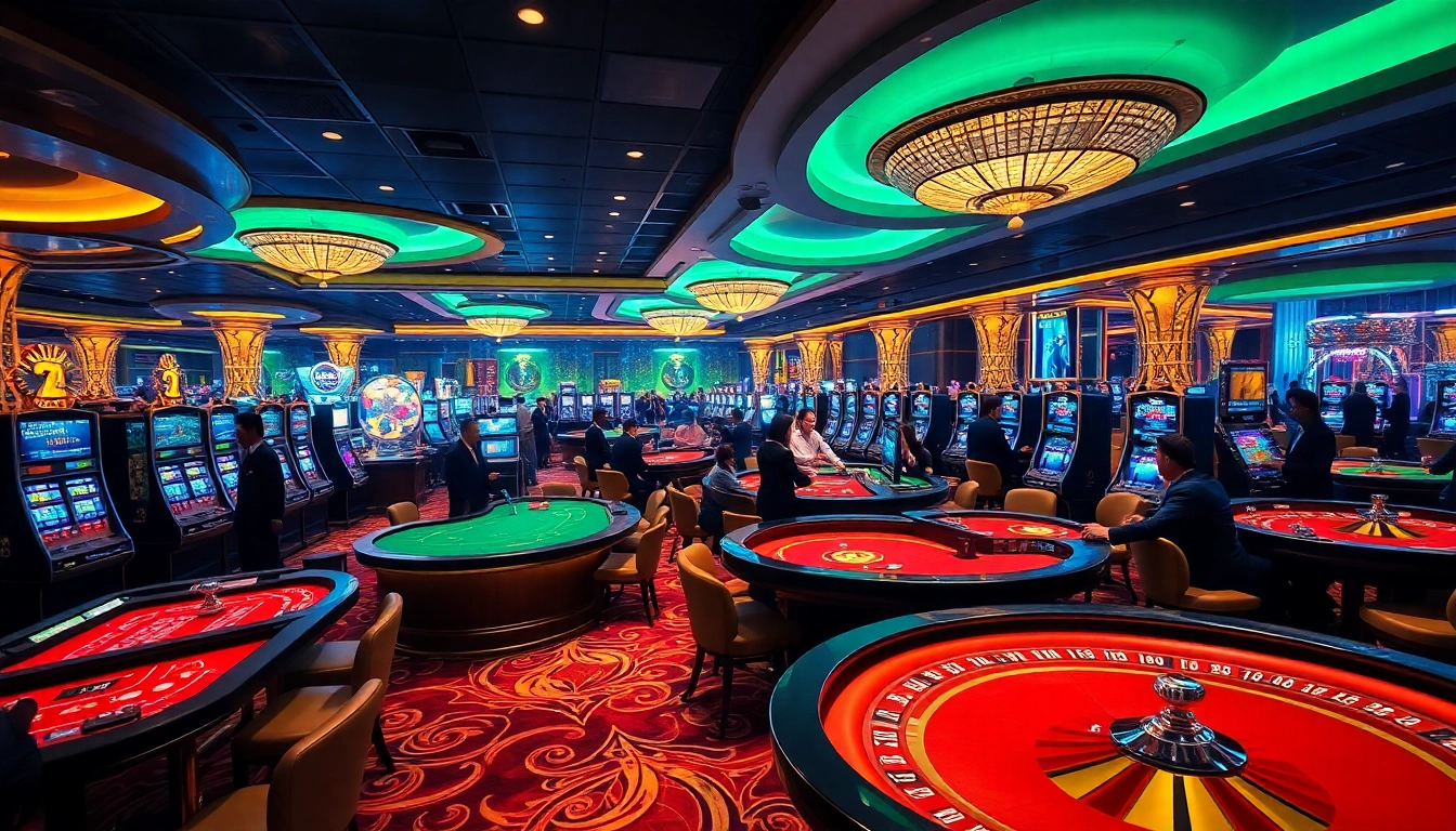 32WIN casino scene featuring luxury gaming tables, vibrant slot machines, and excited players.