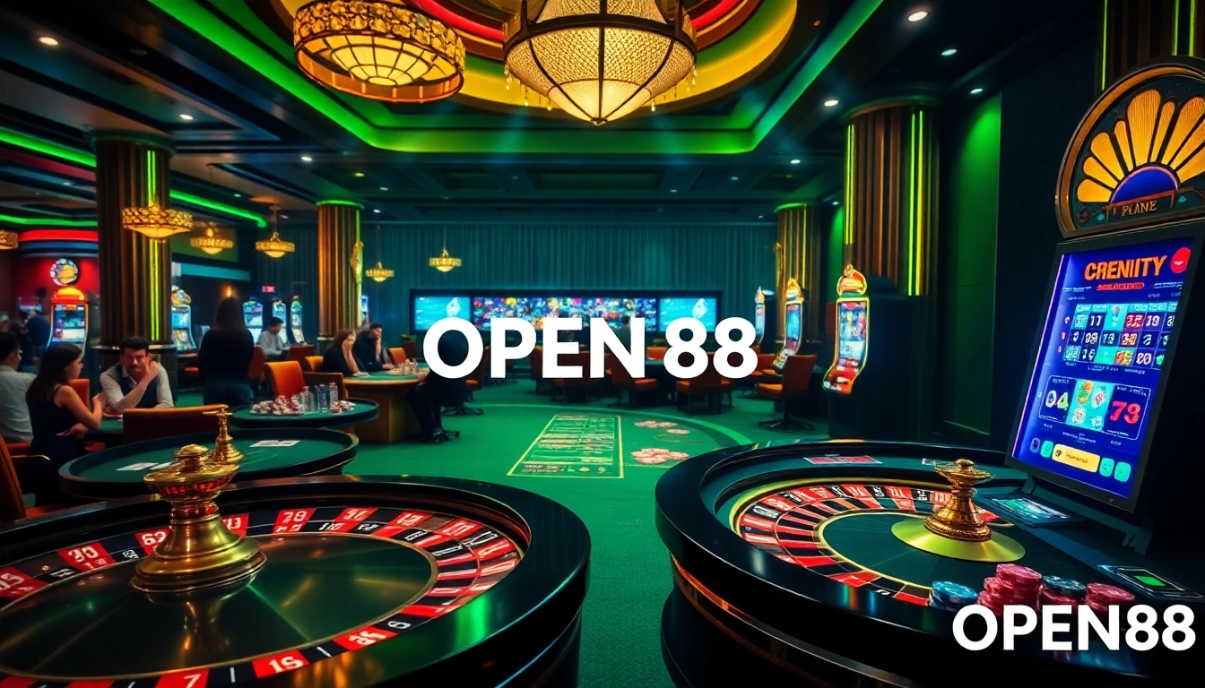Experience the excitement of OPEN88 with vibrant casino tables, roulette wheels, and poker games.