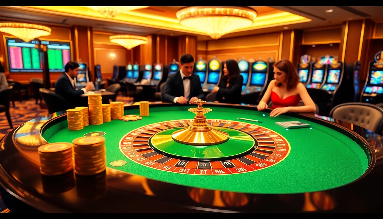 NK88 casino scene with a luxurious roulette table, poker chips, and excited players engaged in gaming.