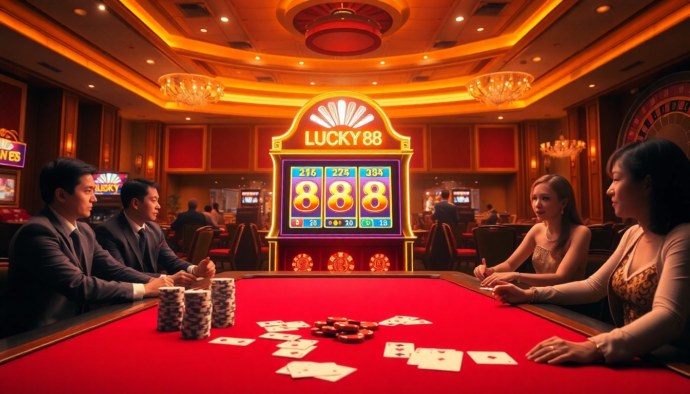 Engaging players enjoying the Lucky 88 slot at a luxurious casino setting, highlighting excitement and elegance.
