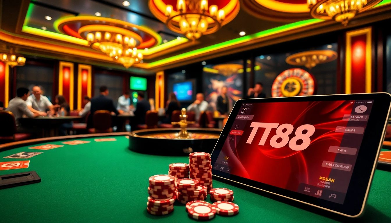 Engage in exciting gaming adventures at TT88's luxurious casino tables featuring poker chips and roulette.