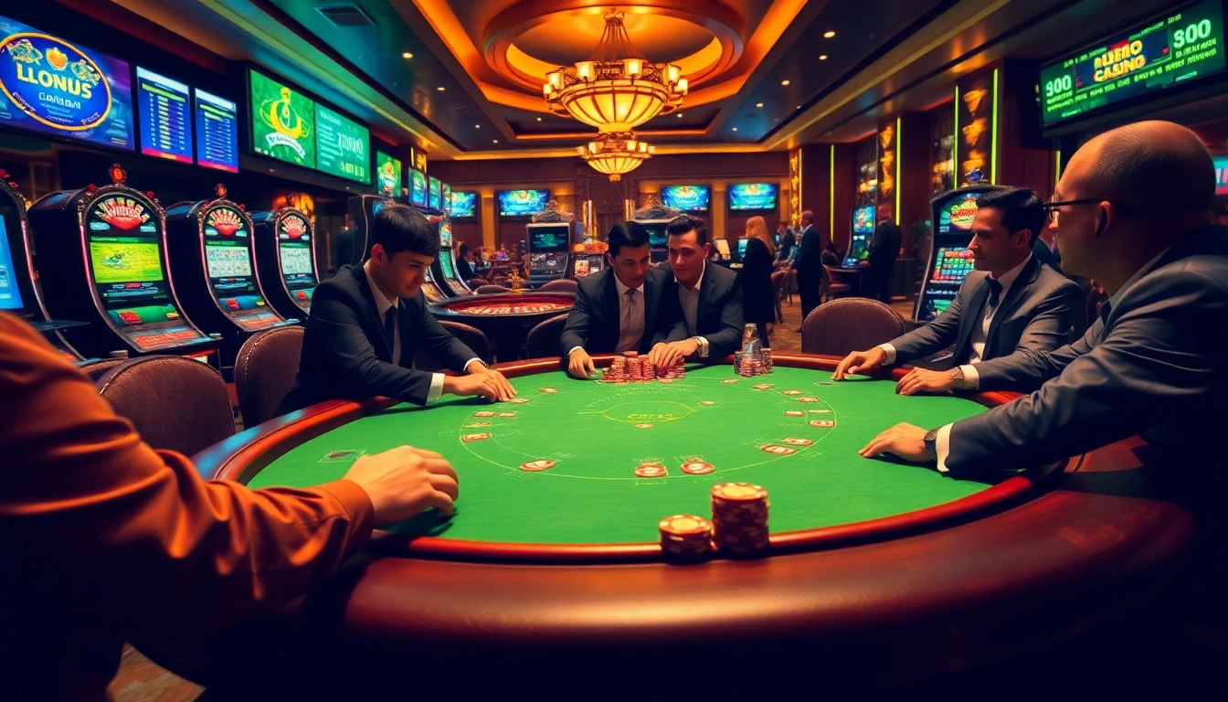 The thrilling atmosphere of a poker game at https://www.vvjl11.com/ with elegant players and vibrant casino elements.