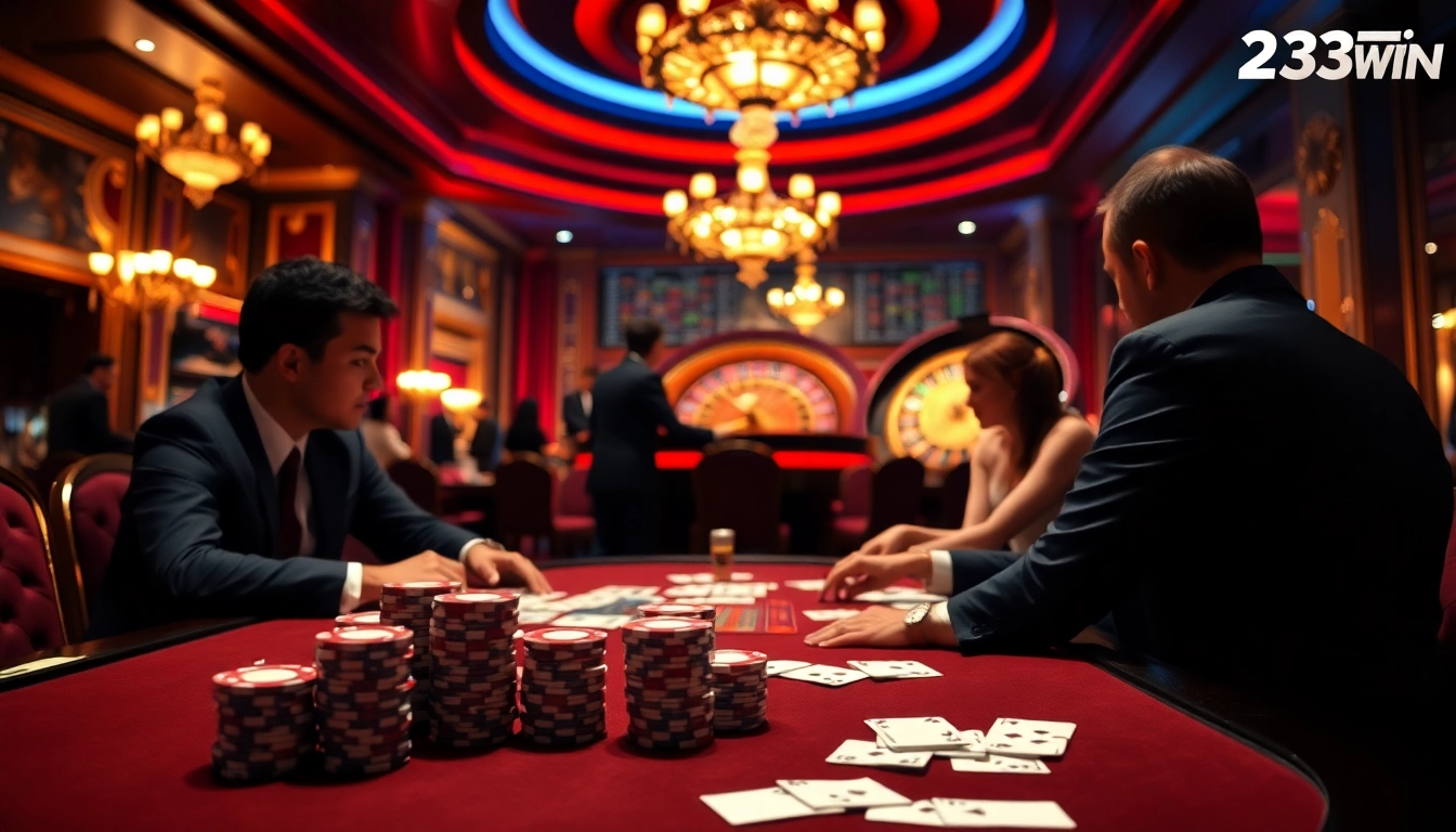 Engage in the excitement of 23win, featuring a vibrant casino scene with players enjoying poker and roulette.