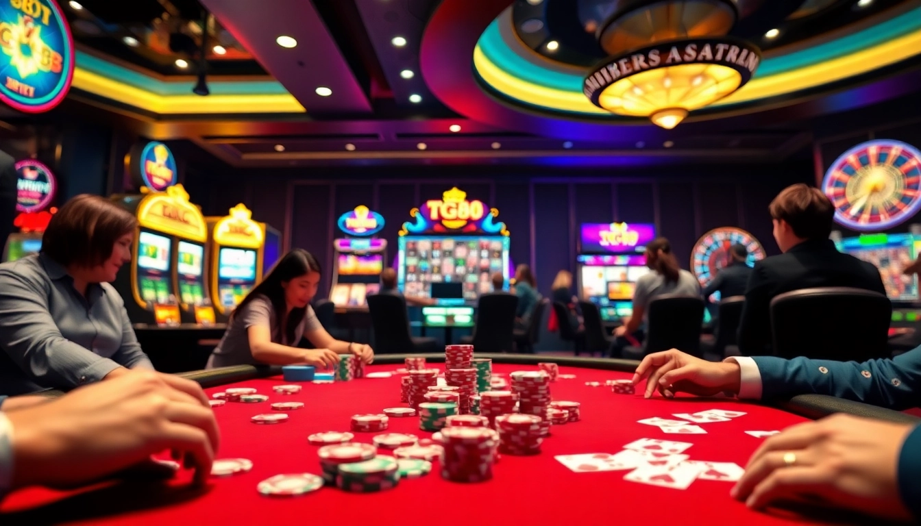 Excitement at TG88's virtual casino, showcasing poker action and vibrant slot machines.