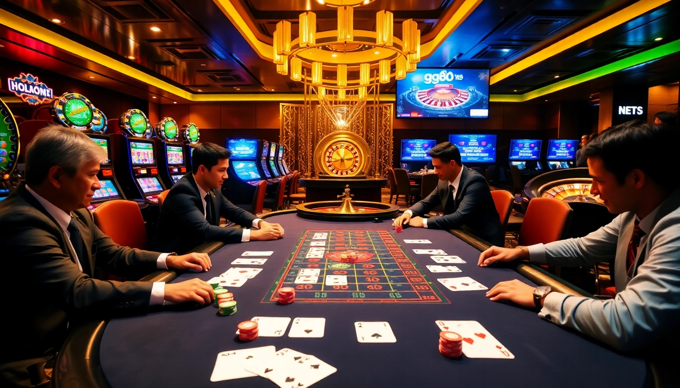 A thrilling casino scene at https://gg88.mobi/ featuring a poker game full of colorful chips and an active roulette wheel.