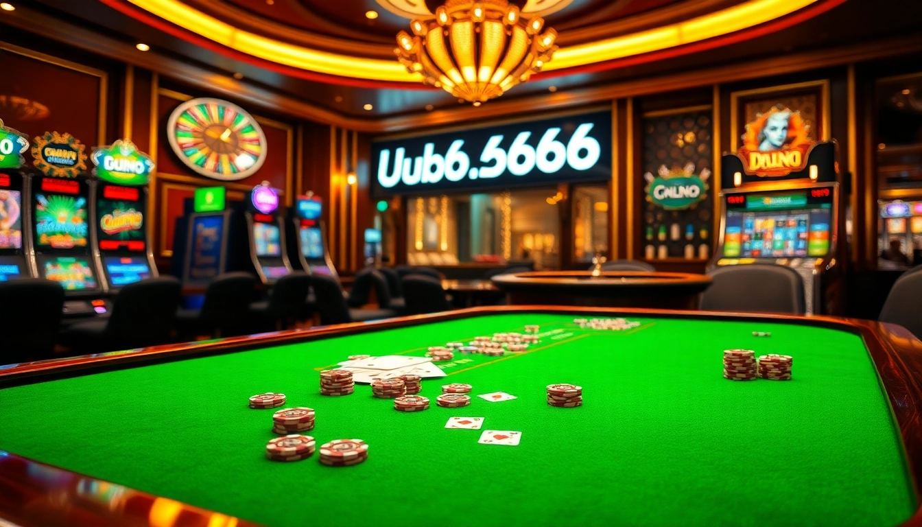 Enjoying a thrilling casino experience at uu88 with poker chips and vibrant slot machines.