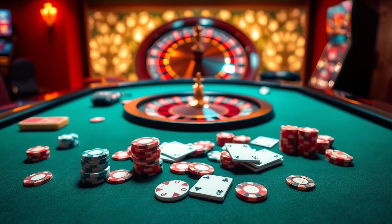 Experience the thrill of king88 vina with a luxurious casino scene featuring vibrant poker tables and roulette wheels.