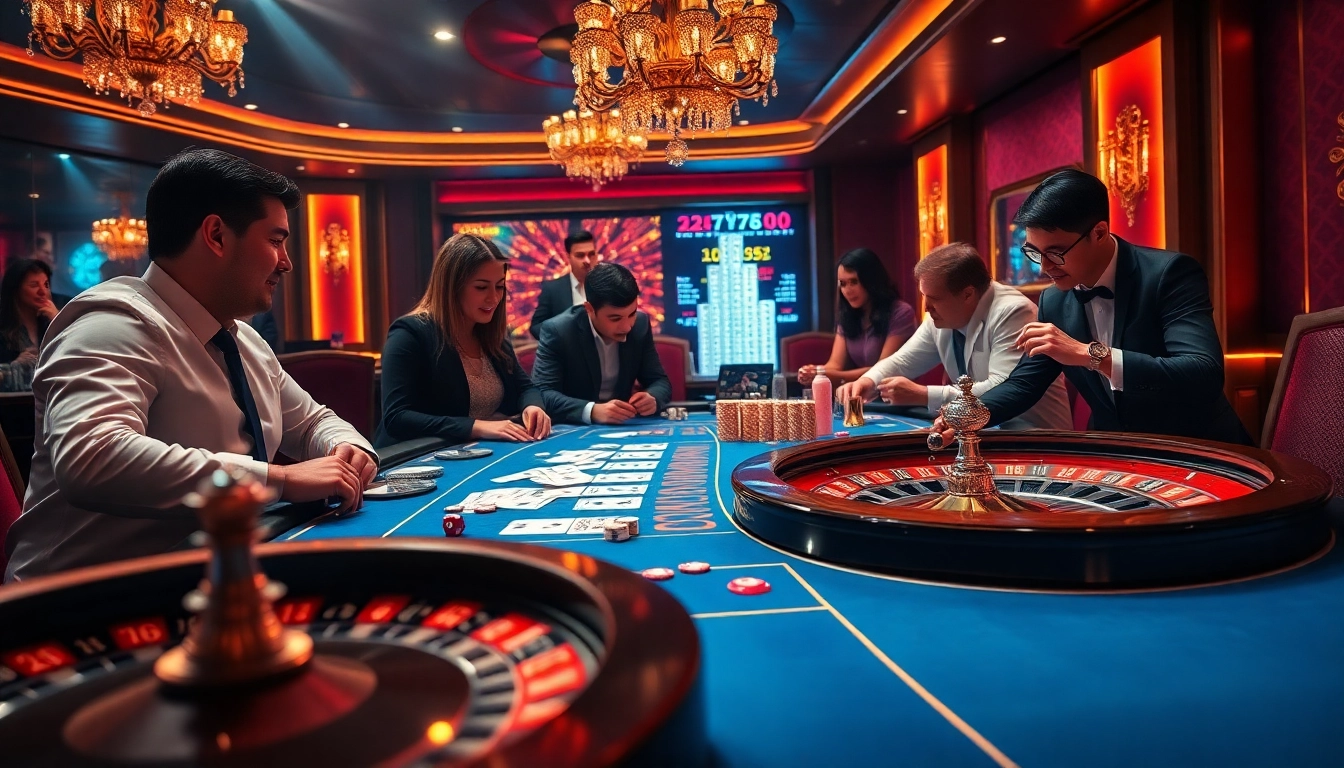 Engaged players analyzing tylekeo odds at a glamorous casino table.