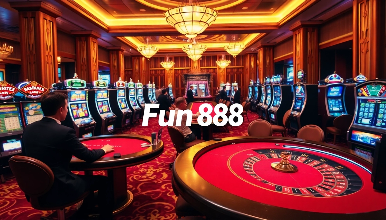 Exciting casino action with Fun 88 poker tables and vibrant slot machines.