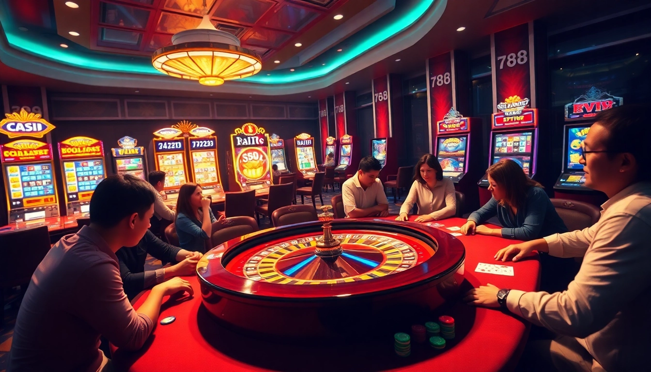 Players enjoying a thrilling go88 casino experience with vibrant poker chips and a roulette wheel.