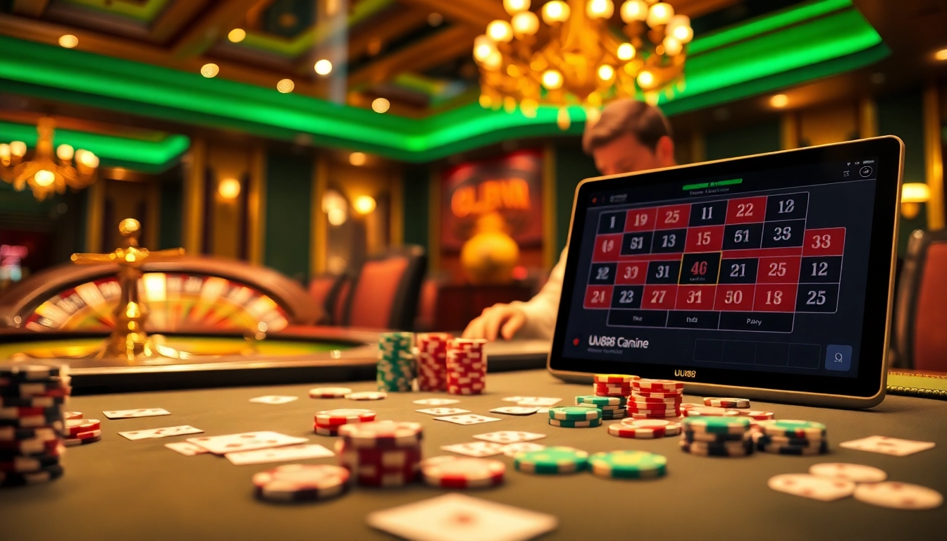 Exciting poker game environment at uu88 with vibrant chips and roulette wheel.