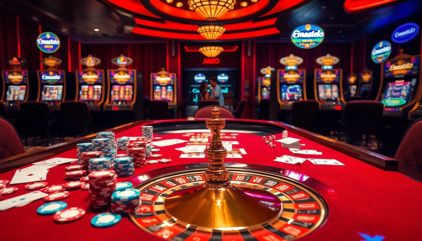 Experience the thrill of Emastoto in a vibrant casino scene with poker chips and cards.