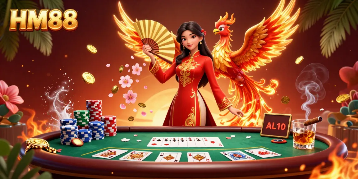Engage in thrilling gameplay at HM88 with vibrant 3D visuals, poker elements, and festive imagery.