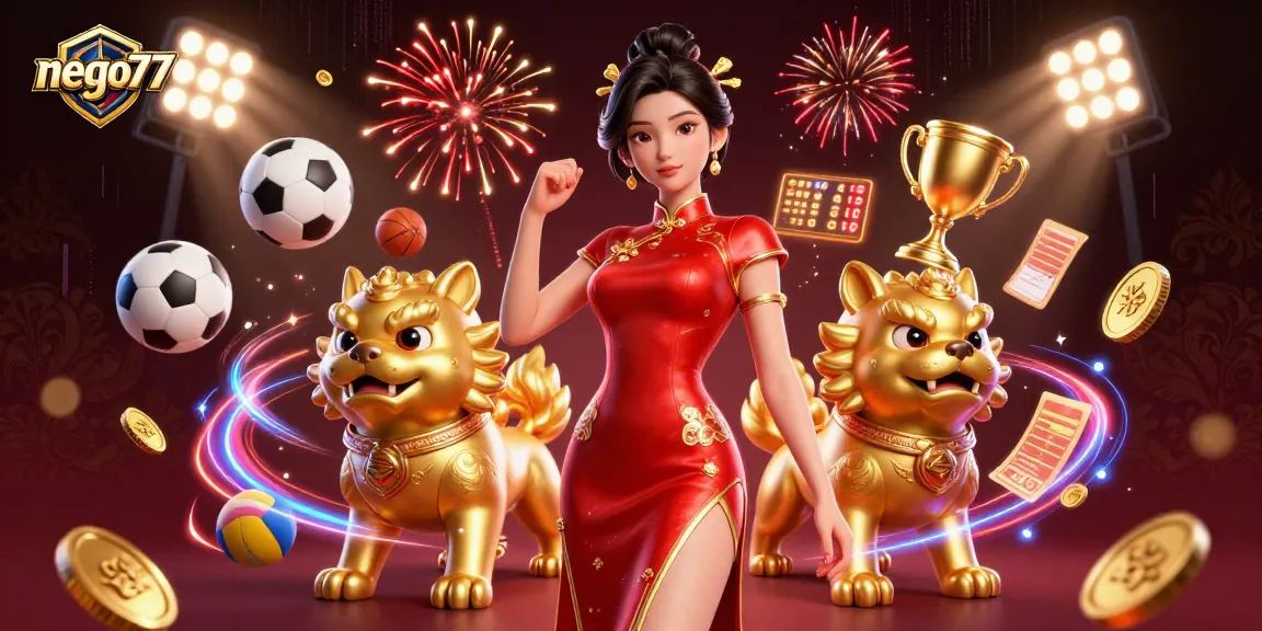 Nego77 presents a vibrant casino experience with a glamorous woman and dynamic sports elements, celebrating winning.