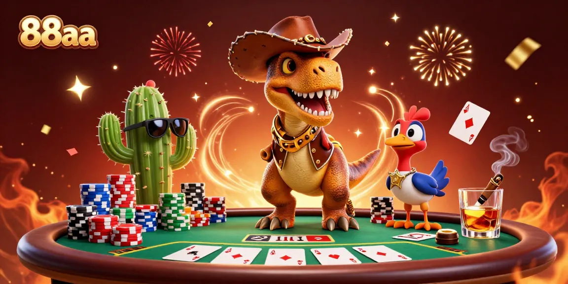 Experience thrilling gambling action with 88aa's vibrant 3D casino scene featuring a cowboy dinosaur.