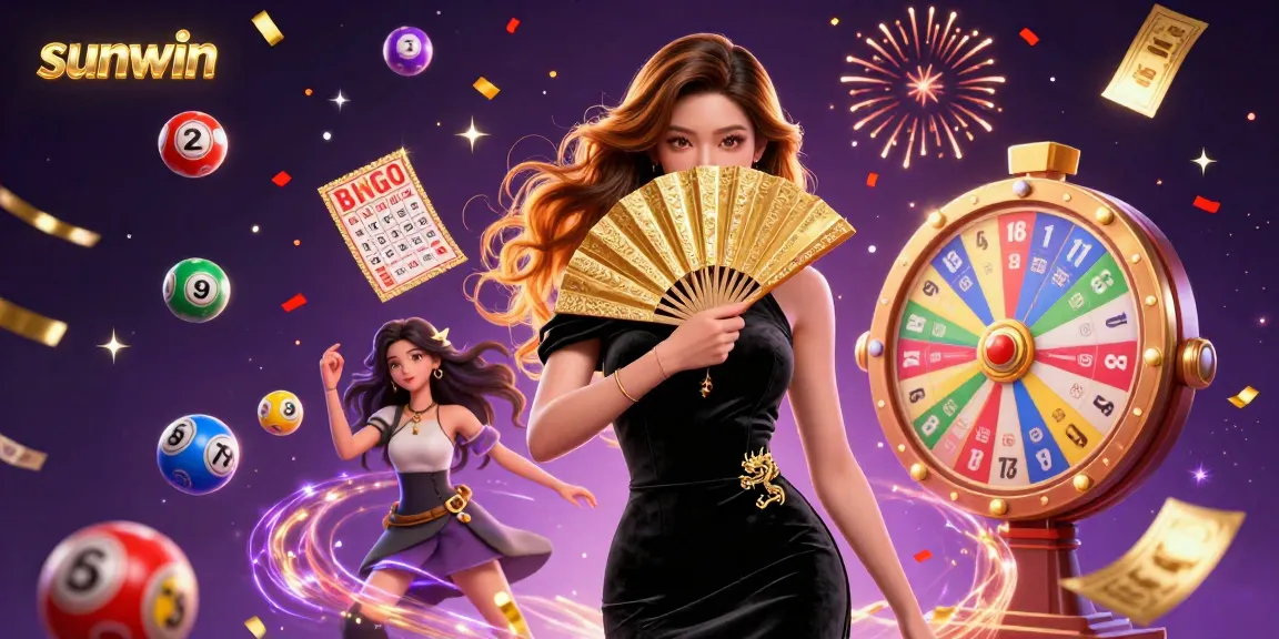 Join the thrilling experience of sunwin gambling with a stunning Asian woman amidst vibrant lottery and bingo elements.