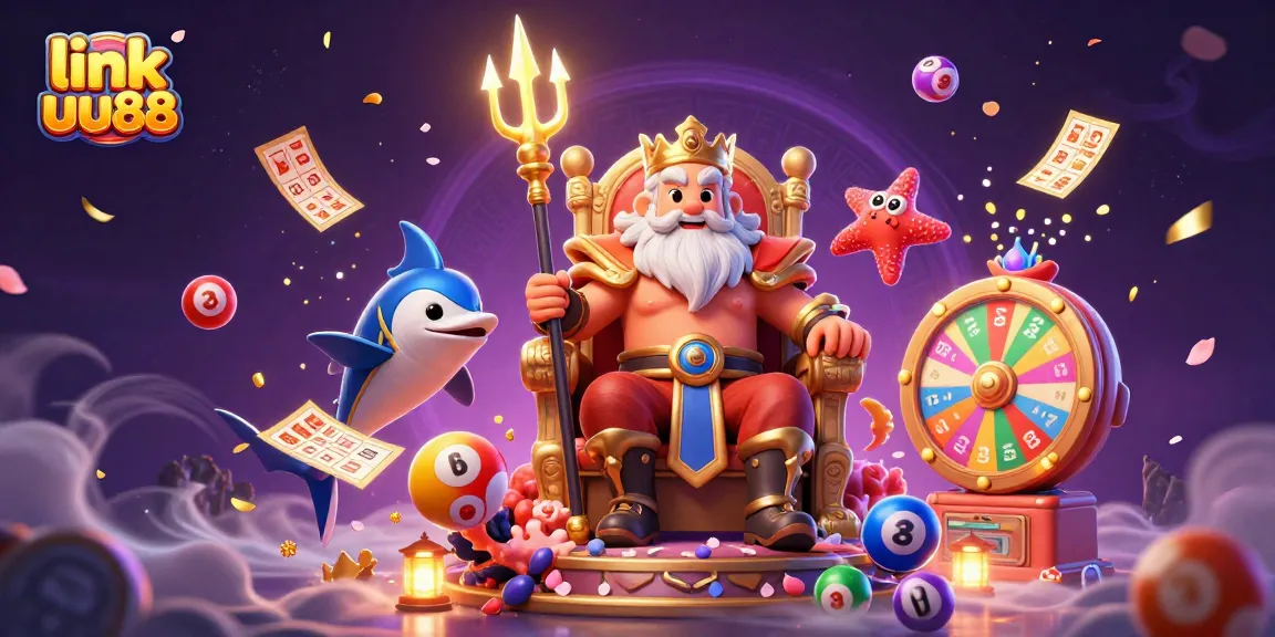 Experience thrilling wins with link uu88 featuring a vibrant 3D cartoon scene of Neptune and gaming elements.