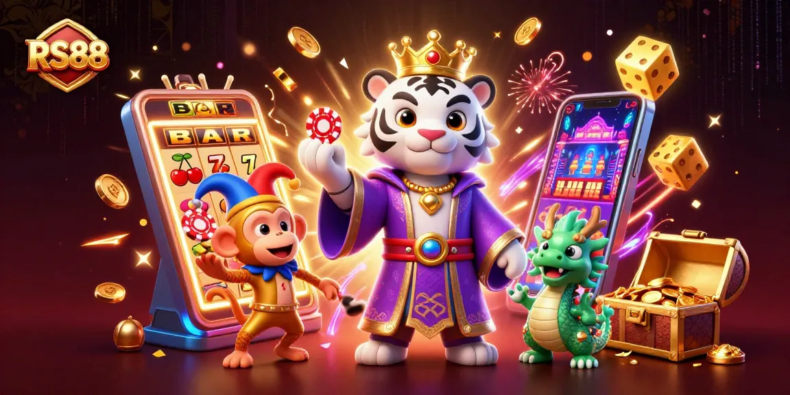 Join the excitement at RS88 with a majestic white tiger, golden monkey, and magical jade dragon amidst vibrant casino elements!