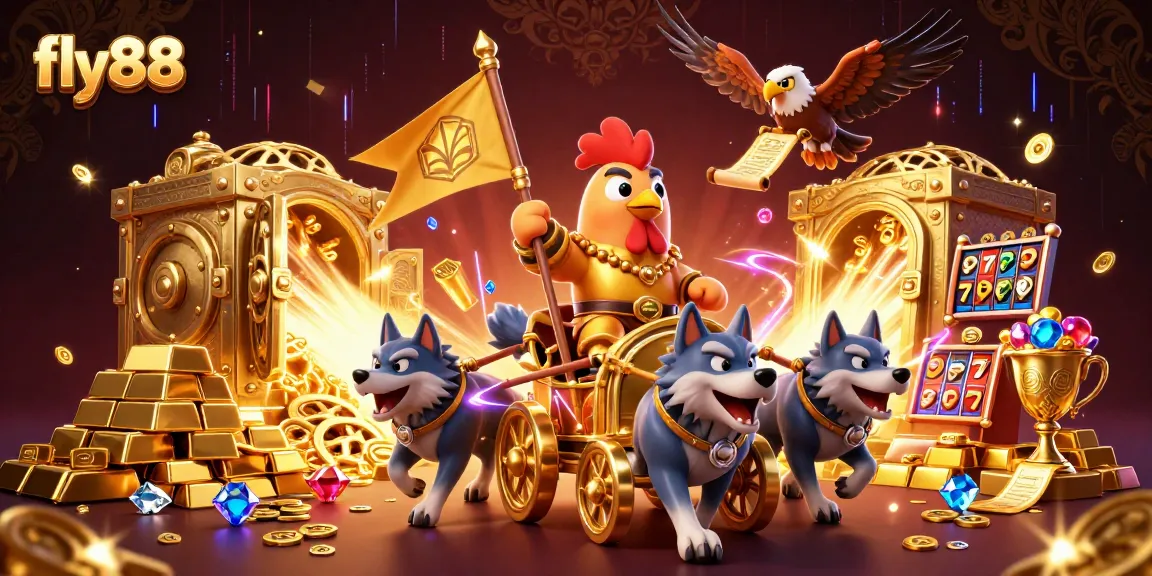 Experience the thrill of fly88 with a captivating 3D scene showcasing a rooster warlord and golden treasures.