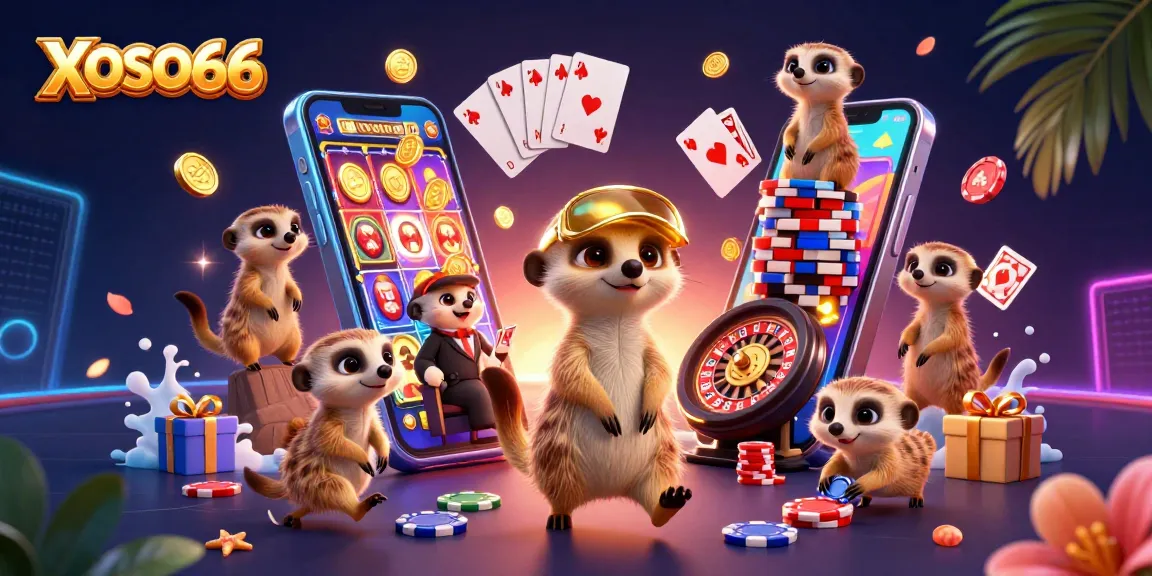 XOSO66 meerkats managing an exciting casino with vibrant visuals and dynamic gameplay elements.